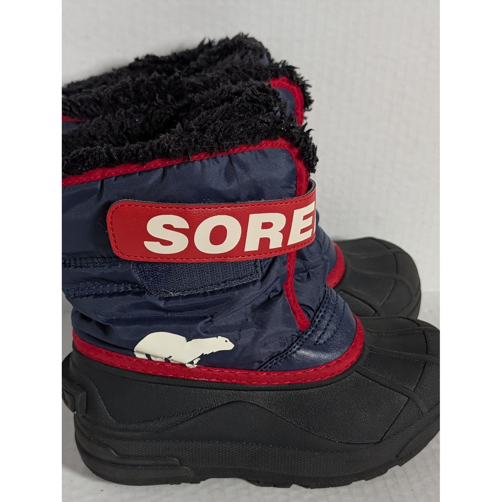 SOREL Kids Winter Snow Boots Size 12 Navy Red Black Faux Fur Waterproof